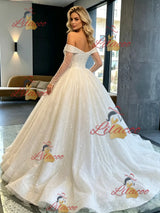 White Sequins Long Sleeve Off the Shoulder Wedding Dress