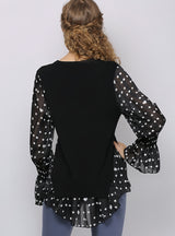 Spliced Chiffon Long Sleeve Round Neck Top