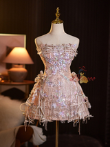 Champagne Sequins Strapless Beading Homecoming Dress