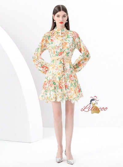 Retro Collar Breasted Print Short Dress