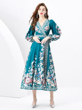 Retro Long-sleeved V-neck Printed Dress