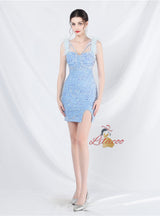 Short Sequins Straps Feather Prom Dress