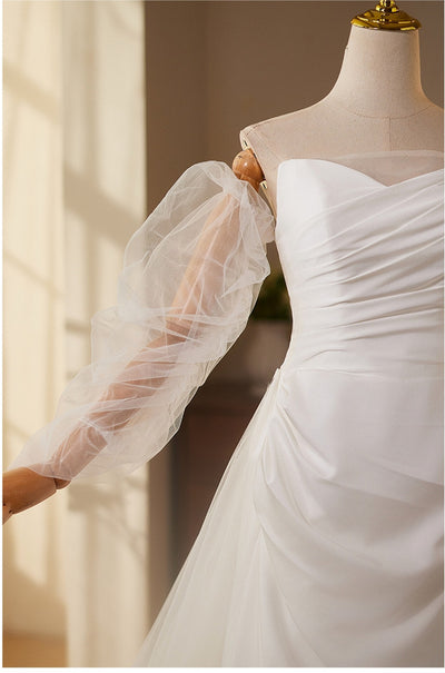 White Strapless Pleats Wedding Dress
