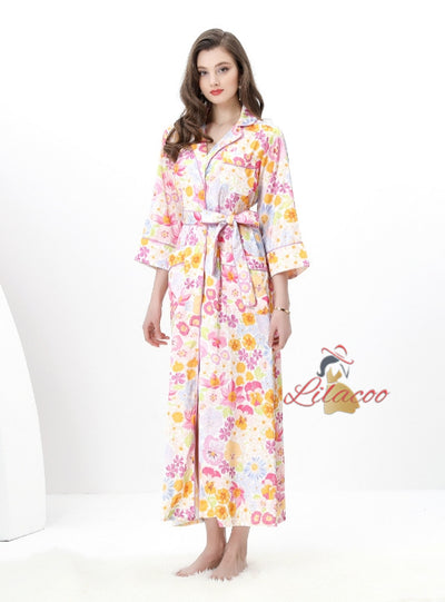 Retro Printed Nightgown Long Sleeve Dress