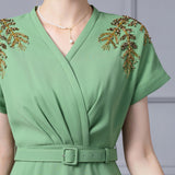Green V-neck Beading Mother Of the Brides Dress