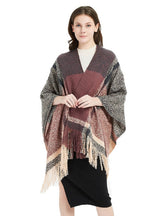 Plaid Split Shawl Fringed Scarf Cloak
