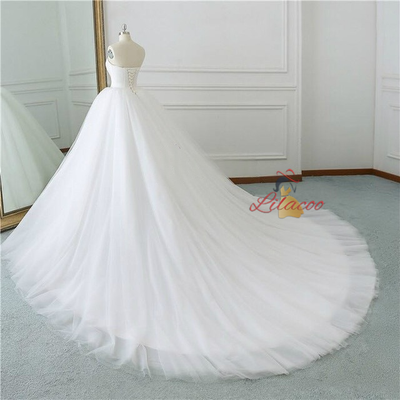White Strapless Tulle Wedding Dress With Train