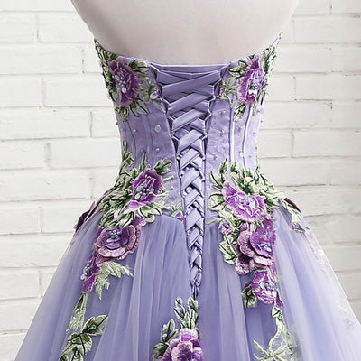 Purple Tulle Embroidery Appliques Sweetheart Neck Prom Dress