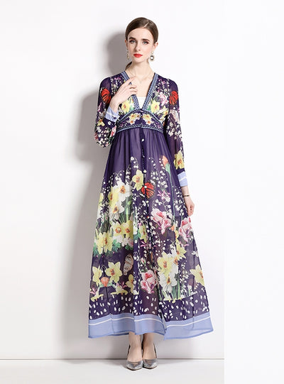 Summer V-neck Chiffon Printed Long Dress