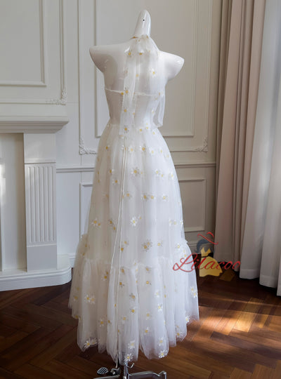 White Tulle Halter Embroidered Dress