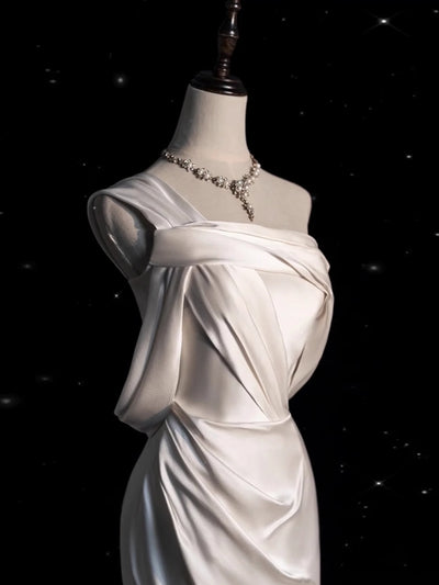 White Mermaid Satin One Shoulder Pleats Wedding Dress