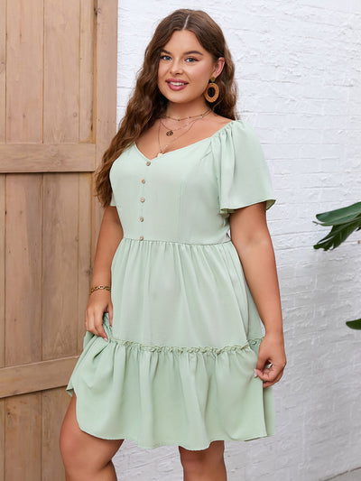 V-neck Big Swing Lotus Leaf Short-sleeved Dress