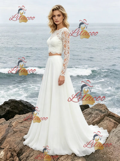 White Lace Two Piece Long Sleeve Wedding Dress