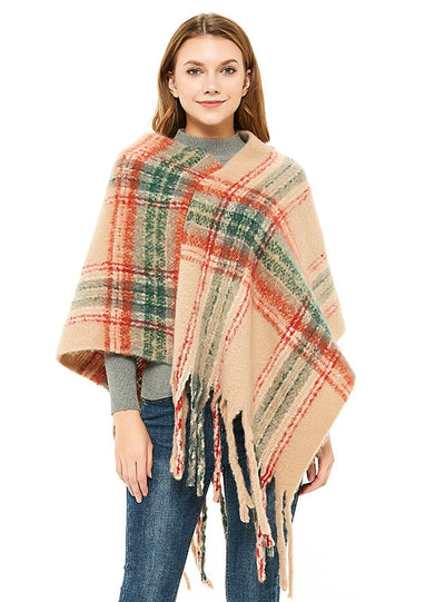 Checked Thick Tassel Pullover Cloak