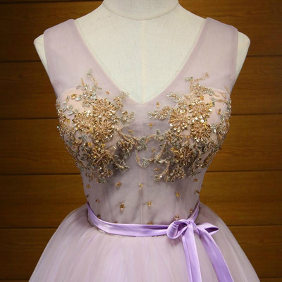 Purple V-neck Tulle Beading Homecoming Dress