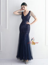 Tulle Sequins V-neck Beading Prom Dress