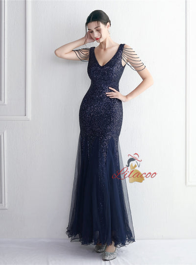 Tulle Sequins V-neck Beading Prom Dress
