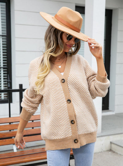 Colour Matching Buttons V-neck Sweater Coat