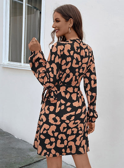 Leopard Print V-neck Long Sleeve Dress