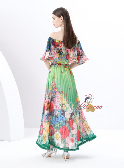 Off the Shoulder Pleated Printed Long Dress