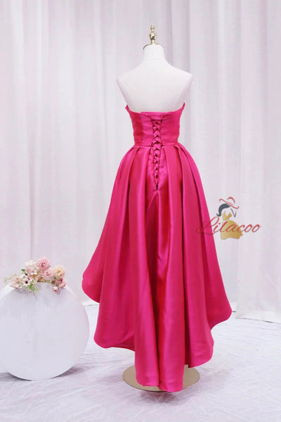 Hot Pink Hi Lo Satin Strapless Pleats Prom Dress