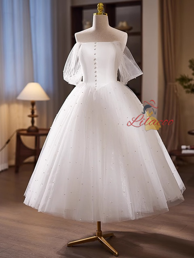 White Tulle Off the Shoulder Pearls Wedding Dress