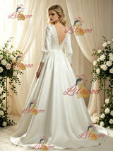 Ivory Satin Long Sleeve Backless Lace Wedding Dress