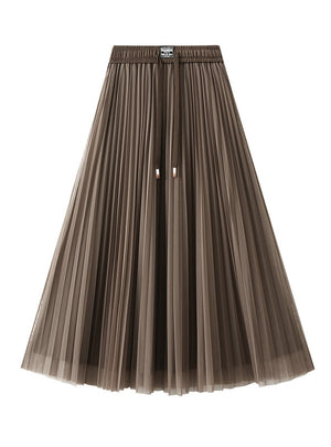 Drawstring High Waist Mesh Pleated Skirt