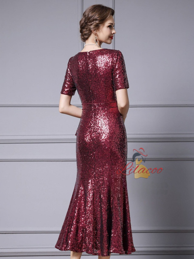 Burgundy Sequins Short Sleeve Mother Of The Bride Dress