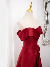 Burgundy Satin Pleats Split Prom Dress