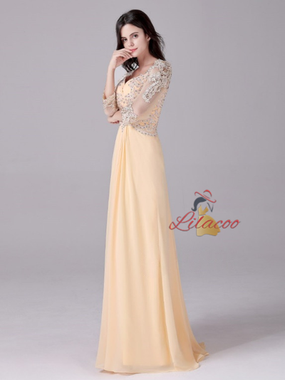 Yellow Chiffon Long Sleeve Mother Of The Bride Dress