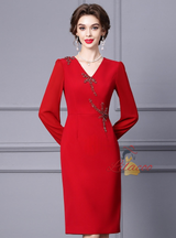 Red Long Sleeve V-neck Mother Of The Bride Dress
