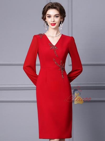 Red Long Sleeve V-neck Mother Of The Bride Dress