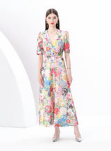 Short-sleeved V-neck Lace Floral Print Long Dress