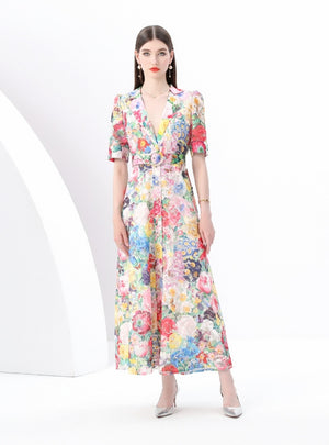 Short-sleeved V-neck Lace Floral Print Long Dress