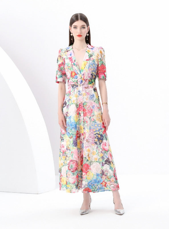 Short-sleeved V-neck Lace Floral Print Long Dress