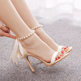 Ribbon Satin Beaded High-heeled Sandals