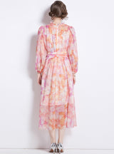 Long Sleeve Round Neck Slim Printed Chiffon Dress