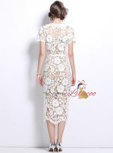 Lace Short Sleeve Lapel Slim Dress