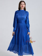 Pleated Silm Waist Long Bubble Sleeve Dress