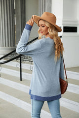 V-neck Contrast Split Loose Long Sleeve T-shirt
