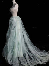 Green Tulle Sequins Strapless Prom Dress