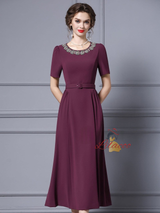 Black Short Sleeve Crystal Belt Mother Of The Bride Dress