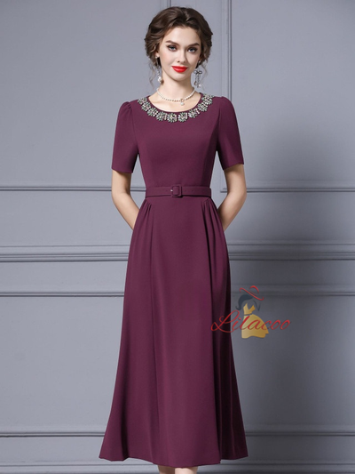 Black Short Sleeve Crystal Belt Mother Of The Bride Dress