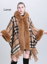 Large Size Fur Collar Plaid Fringed Cloak Shawl