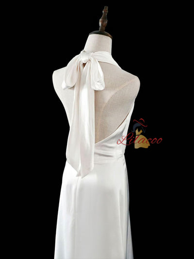 White Satin Halter Backless Wedding Dress
