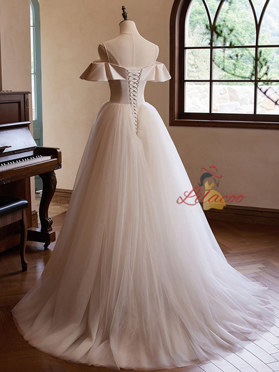 Champagne Tulle Pleats Wedding Dress