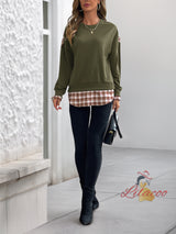 Checked Spliced Round Neck Pullover Top