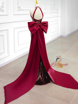 Burgundy Mermaid Sequins Halter Beading Prom Dress