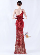 One Shoulder Mermaid Sequins Feather Split Prom Dress